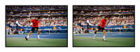 Roger Federer hits shot between his legs during the US Open.